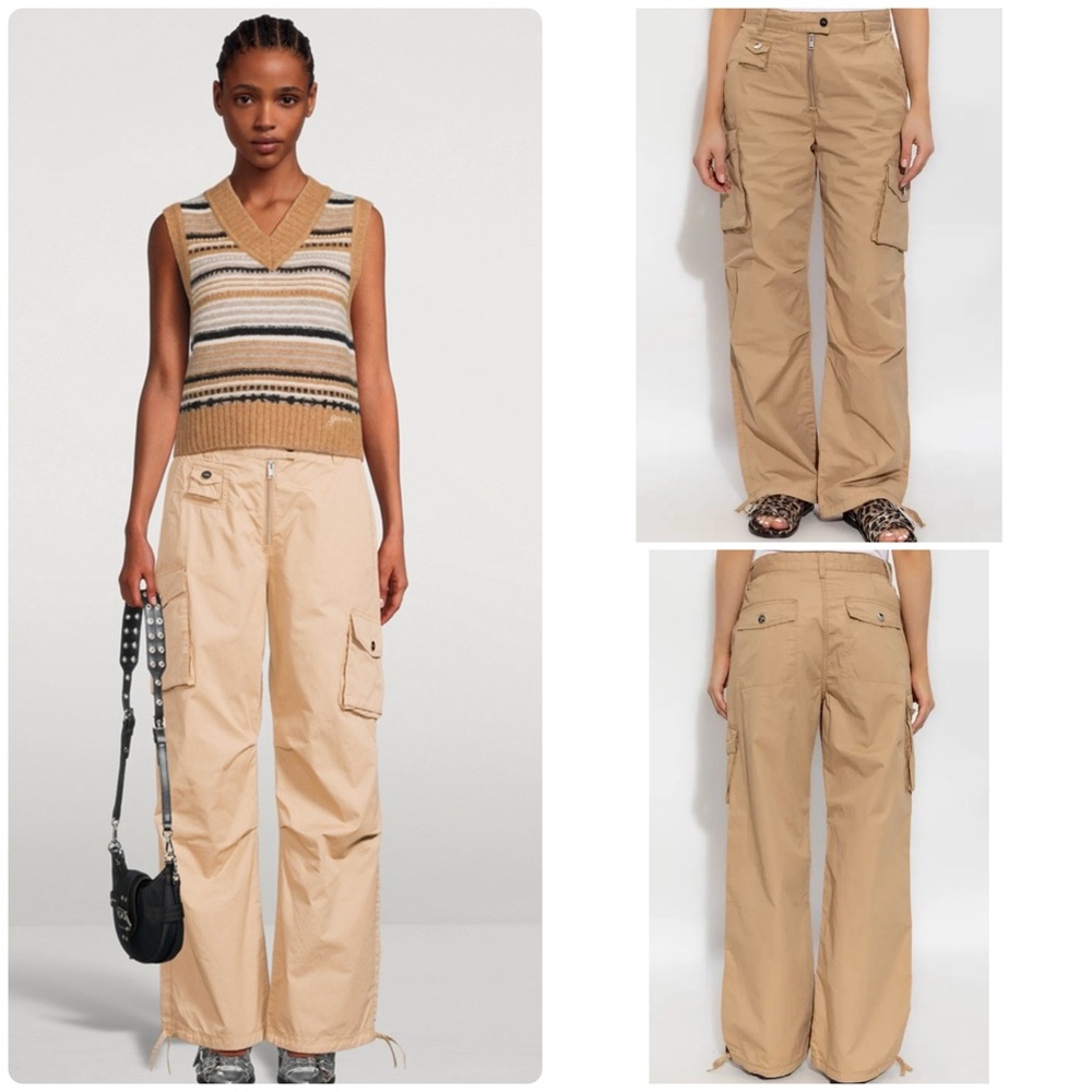 GANNI Twill Camel Cargo Pants Drawstring Hem High Rise Sz 34/US2 Organic Cotton
